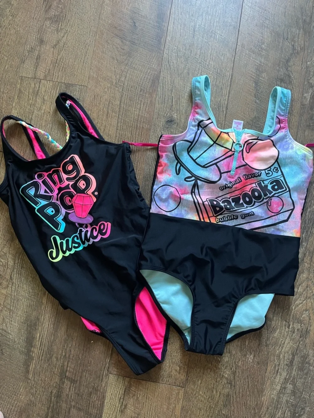 NWT Bundle of‎ 2 Justice Girls' Black Multicolor Ring Pop One-Piece Swimsuits